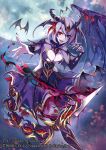  1girl :d bat boots demon_girl demon_horns demon_wings dress extra_eyes eyebrows_visible_through_hair head_wings horns looking_at_viewer moon official_art open_mouth original purple_hair purple_skin red_eyes short_hair single_wing smile solo thigh-highs thigh_boots torn_wings wings z/x zeroshiki_kouichi 