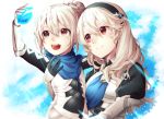  2girls armor black_hairband blue_scarf closed_mouth female_my_unit_(fire_emblem_if) fire_emblem fire_emblem_if hair_bun hairband holding kanna_(female)_(fire_emblem_if) kanna_(fire_emblem_if) long_hair multiple_girls my_unit_(fire_emblem_if) nintendo open_mouth pointy_ears red_eyes scarf smile stone tida_2112 upper_body white_hair 
