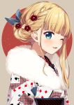  1girl alternate_hairstyle bangs blonde_hair blue_ribbon blunt_bangs blush braid brown_background club_(shape) diamond_(shape) eyebrows_visible_through_hair fur_collar green_eyes hair_ornament hair_ribbon hair_up heart japanese_clothes kimono long_hair looking_at_viewer mononobe_alice nijisanji obi one_eye_closed parted_lips playing_card_print print_kimono red_background ribbon sash sidelocks solo spade_(shape) two-tone_background upper_body virtual_youtuber white_kimono yamabukiiro 