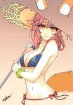  1girl animal_ears bikini breasts cleavage cropped_torso eadgear fate/extella fate/extra fate/grand_order fate_(series) fox_ears fox_tail hat highres large_breasts pink_hair side-tie_bottom smile solo straw_hat summer swimsuit tail tamamo_(fate)_(all) tamamo_no_mae_(swimsuit_lancer)_(fate) tan_background umbrella yellow_eyes 