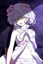  1girl :d bangs bare_arms bare_shoulders blush brown_eyes dress eyebrows_visible_through_hair flower hair_between_eyes hair_flower hair_ornament head_tilt kudou_chitose looking_at_viewer navel nijisanji open_clothes open_dress open_mouth pale_skin pink_flower shirt shorts silver_hair sleeveless sleeveless_dress sleeveless_shirt smile solo upper_body white_dress white_shorts wooden_wall yamabukiiro 