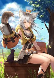  1girl animal animal_ears animal_on_head aqua_(popogori) backless_outfit belt black_skirt brown_eyes cat cat_ears cat_on_head cat_on_lap clouds collarbone day floating_hair flower granblue_fantasy hair_flower hair_ornament hood hood_down long_hair looking_at_viewer miniskirt on_head outdoors pleated_skirt sen_(granblue_fantasy) silver_hair sitting skirt solo sunlight tree weapon white_flower 