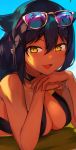  1girl :d bangs bare_arms bare_shoulders bikini bikini_top black_bikini black_choker black_hair breasts choker cleavage dark_skin eyewear_on_head fang hair_between_eyes hair_flaps highres jahy jahy_sama_wa_kujikenai konbu_wakame large_breasts long_hair looking_at_viewer lying on_stomach open_mouth own_hands_together purple-tinted_eyewear sidelocks smile solo swimsuit upper_body yellow-framed_eyewear yellow_eyes 