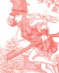  1girl absurdres antique_firearm bayonet boots bush epaulettes firearm firelock foliage gun hat highres holding holding_gun holding_weapon kageng long_hair military military_hat military_uniform musket original outdoors plant powder running shack soldier solo thigh-highs thigh_boots tree uniform weapon 