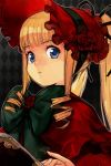  1girl blonde_hair blue_eyes bonnet book bow checkered checkered_background drill_hair expressionless eyebrows_visible_through_hair flower hankuri looking_at_viewer ponytail red_flower red_headwear red_rose rose rozen_maiden shinku sidelocks solo upper_body 