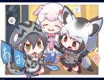  3girls :d :o anger_vein animal_ear_fluff animal_ears bat-eared_fox_(kemono_friends) black_eyes black_gloves black_hair black_neckwear black_skirt bow bowtie bucket chibi closed_eyes commentary_request elbow_gloves extra_ears eyebrows_visible_through_hair eyes_visible_through_hair fang flag fox_ears fox_tail gloves gradient_hair green_eyes habu_(kemono_friends) hair_between_eyes highres hood hood_up hoodie kemono_friends multicolored_hair multiple_girls open_mouth pig_(kemono_friends) pig_ears pink_hair pink_neckwear pleated_skirt rakugakiraid skirt smile snake_tail spoken_anger_vein spoken_squiggle spoken_sweatdrop squiggle sweatdrop tail v-shaped_eyebrows white_gloves white_hair 