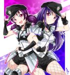  2girls alternate_hairstyle bangs believe_again breasts bunji choker club_(shape) commentary eyebrows_visible_through_hair fingerless_gloves fishnet_legwear fishnets gloves hair_down hat headset kazuno_leah kazuno_sarah long_hair love_live! love_live!_sunshine!! love_live!_sunshine!!_the_school_idol_movie_over_the_rainbow low_twintails medium_breasts multiple_girls pink_eyes purple_hair saint_snow short_shorts short_sleeves shorts siblings sidelocks sisters small_breasts smile spoilers twintails 