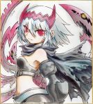  1girl bangs bare_shoulders belt breasts chiralzero dragon:_marked_for_death empress_(dmfd) facial_scar hair_between_eyes hair_ornament highres ink_wash_painting marker_(medium) midriff navel red_eyes scar scar_on_cheek scarf short_hair simple_background small_breasts solo strapless torn_scarf traditional_media tubetop white_background white_hair 