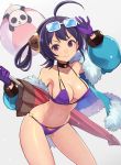  &gt;:) 1girl ahoge arm_up armpits ass_visible_through_thighs azur_lane ball bangs bare_shoulders beach_umbrella beachball bikini blue-tinted_eyewear blue_coat blush breasts cleavage closed_mouth coat collarbone commentary_request contrapposto cowboy_shot eyewear_on_head fur-trimmed_coat fur_trim gloves grey_background hair_rings hairpods halterneck highres holding large_breasts leaning_forward long_hair long_sleeves looking_at_viewer navel ning_hai_(azur_lane) official_art open_clothes open_coat panda puffy_long_sleeves puffy_sleeves purple_bikini purple_gloves purple_hair simple_background skindentation smile smug solo standing sunglasses swimsuit umbrella v-shaped_eyebrows violet_eyes white-framed_eyewear yuuko_(elmo) 