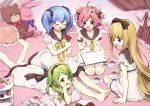  4girls :d ^_^ ahoge animal_slippers bear_slippers blonde_hair blue_hair blush bow braid brown_bow brown_hairband brown_sailor_collar closed_eyes closed_eyes cup curtains dress flower food frilled_pillow frills green_eyes green_hair hair_bow hair_flower hair_ornament hairband heart holding holding_food holding_pen long_hair lying macaron mononobe_alice morinaka_kazaki multiple_girls nijisanji notepad on_stomach open_mouth pen pillow pink_footwear pink_hair plate sailor_collar sailor_dress saucer short_sleeves sitting slippers smile star striped stuffed_animal stuffed_bunny stuffed_toy teacup teapot teddy_bear tiered_tray twintails two_side_up ushimi_ichigo vertical_stripes very_long_hair violet_eyes virtual_youtuber wariza white_dress white_flower wooden_floor yamabukiiro yellow_bow yellow_neckwear yuuki_chihiro 