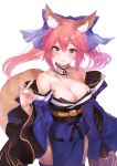  1girl animal_ear_fluff animal_ears bangs bare_shoulders blue_bow blue_kimono blue_legwear blush bow breasts cleavage collarbone detached_collar fate/extra fate_(series) fox_ears fox_girl fox_shadow_puppet fox_tail hair_between_eyes hair_bow highres japanese_clothes kimono large_breasts long_hair long_sleeves looking_at_viewer obi parted_lips pink_hair sash short_kimono sidelocks simple_background smile solo tail tamamo_(fate)_(all) tamamo_no_mae_(fate) thigh-highs thighs twintails white_background wide_sleeves yaguo yellow_eyes 