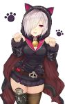  1girl absurdres animal_ears breasts cape cat_ears cleavage fur_trim hair_over_one_eye highres hood hood_up hoodie large_breasts legs long_sleeves looking_at_viewer parted_lips red_eyes shadowverse shingeki_no_bahamut short_hair simple_background solo thigh-highs thighs white_hair wizardess_of_oz yamato_(muchuu_paradigm) 