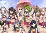  6+girls absurdres adapted_costume ahoge akigumo_(kantai_collection) asashimo_(kantai_collection) beach bikini bikini_skirt black_hair blue-framed_eyewear blue_eyes blue_sky blush bob_cut bow bowtie braid breasts brown_eyes brown_hair choker cleavage clouds crab day double_bun glasses green_eyes green_hair grey_eyes grey_eyes grey_hair hair_between_eyes hair_over_one_eye hair_ribbon hand_up hayashimo_(kantai_collection) highres holding holding_beachball holding_umbrella kanmiya_shinobu kantai_collection kazagumo_(kantai_collection) kiyoshimo_(kantai_collection) large_breasts leg_up long_hair looking_at_another looking_at_viewer low_twintails makigumo_(kantai_collection) medium_breasts mole mole_under_mouth multicolored_hair multiple_girls naganami_(kantai_collection) navel ocean okinami_(kantai_collection) open_mouth outdoors pink_hair ponytail ribbon sand short_hair siblings side_ponytail sidelocks silver_hair single_braid sisters sky smile stomach swimsuit takanami_(kantai_collection) thigh_strap tsurime twintails umbrella very_long_hair yuugumo_(kantai_collection) 