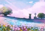  1boy clouds cloudy_sky commentary_request cross dangan_ronpa field flower flower_field from_behind horned_headwear hoshi_ryouma male_focus manino_(mofuritaionaka) new_dangan_ronpa_v3 purple_flower scenery signature sky solo tombstone tree 