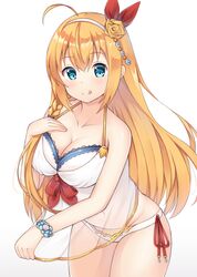  1girl :q ahoge bangs bare_shoulders bikini blue_eyes blush braid breasts brown_hair cleavage closed_mouth commentary_request eyebrows_visible_through_hair fingernails flower hair_between_eyes hair_flower hair_ornament hair_ribbon hairband hand_on_own_chest hand_up highres large_breasts leaning_forward long_hair looking_at_viewer navel pecorine princess_connect! princess_connect!_re:dive red_ribbon ribbon rose see-through seventeen_(st17215) smile solo swimsuit tongue tongue_out very_long_hair white_bikini white_hairband yellow_flower yellow_rose 