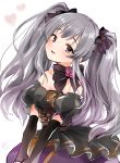  1girl :d bangs black_bow black_gloves bow breasts cleavage detached_sleeves eyebrows_visible_through_hair flower gloves grey_eyes grey_hair hair_bow head_tilt heart idolmaster idolmaster_shiny_colors kakitsubata_zero looking_at_viewer medium_breasts open_mouth puffy_short_sleeves puffy_sleeves red_flower red_rose rose short_sleeves smile solo star twintails underbust white_background yuukoku_kiriko 