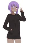  1girl bangs black_shirt breasts collarbone cowboy_shot dark_skin eyebrows_visible_through_hair fate/prototype fate/prototype:_fragments_of_blue_and_silver fate_(series) hair_between_eyes hand_in_hair hand_up hassan_of_serenity_(fate) i.u.y long_sleeves purple_hair shirt sidelocks sleeves_past_wrists small_breasts solo v violet_eyes 