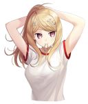  1girl ahoge akamatsu_kaede arms_behind_head bangs blonde_hair breasts dangan_ronpa dot_nose eighth_note eyebrows_visible_through_hair hair_ornament highres in_mouth large_breasts long_hair looking_to_the_side musical_note musical_note_hair_ornament new_dangan_ronpa_v3 ponytail shirt short_sleeves simple_background solo sportswear ssumbi violet_eyes white_background white_shirt 