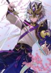  1boy ahoge chinese_armor chinese_clothes cleavage_cutout closed_mouth commentary_request fate/grand_order fate_(series) flower gao_changgong_(fate) hayama_eishi holding holding_sword holding_weapon horned_mask horns jewelry looking_at_viewer male_focus mask masked open_eyes ornament petals short_hair silver_hair solo sword tree_branch violet_eyes weapon 