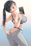  1girl ass bangs bare_arms bare_shoulders black_hair blush breasts brown_eyes butt_crack cellphone commentary_request covered_nipples dimples_of_venus fingernails gradient gradient_background hand_on_own_ass highres holding karasuma_yayoi large_breasts lips long_hair looking_at_viewer looking_back midriff original pants parted_lips phone shiny shiny_clothes shiny_hair shiny_skin simple_background skin_tight solo spandex tank_top 