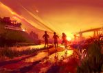  1girl 2boys architecture bicycle clouds dated east_asian_architecture from_behind grass ground_vehicle long_hair multiple_boys orange_sky original outdoors power_lines puddle running scenery school_uniform shirt shorts signature skirt sky splashing sunset t-shirt torii train yashitama 