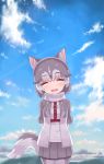  1girl :d ^_^ animal_ear_fluff animal_ears bangs blue_sky blush closed_eyes closed_eyes clouds commentary_request day dog_(kemono_friends) dog_ears dog_girl dog_tail eyebrows_visible_through_hair facing_viewer fur-trimmed_sleeves fur_trim grey_hair grey_skirt gyahu head_tilt highres jacket kemono_friends multicolored_hair open_clothes open_jacket open_mouth outdoors pantyhose pleated_skirt shirt short_sleeves skirt sky smile solo sweater_vest tail two-tone_hair upper_teeth white_hair white_jacket white_legwear white_shirt 