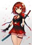  1girl bangs blurry blurry_background breasts cleavage_cutout eyebrows_visible_through_hair gia gloves hairband looking_at_viewer necktie original red_eyes redhead short_hair small_breasts smile solo standing thigh_strap two-tone_dress wind 