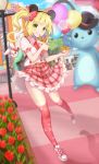  1girl amusement_park animal_ears backpack bag black_headwear blonde_hair blurry blurry_background blush bow commentary_request day eyebrows_visible_through_hair flower food frills green_backpack hair_bow hair_ornament hat heart holding holding_food long_hair looking_at_viewer mascot_costume original outdoors pink_skirt plaid plaid_skirt puffy_short_sleeves puffy_sleeves rabbit_ears red_bow red_flower rose shoes short_sleeves skirt solo_focus tongue tongue_out yellow_eyes yuhi_(hssh_6) 