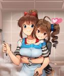  2girls ahoge apron black_shirt blue_eyes blush bow bra bra_strap bracelet breast_lift breasts brown_hair closed_eyes collarbone drill_hair grin hair_bow heart holding_ladle hug hug_from_behind idolmaster idolmaster_million_live! indoors jewelry kamille_(vcx68) ladle large_breasts looking_at_another looking_at_viewer multiple_girls parted_lips red_bow red_bra satake_minako scrunchie shirt short_hair short_ponytail short_sleeves side_drill smile teeth underwear violet_eyes yokoyama_nao 