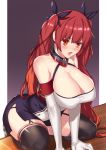  1girl aster_crowley azur_lane bangs bare_shoulders black_legwear black_ribbon blush breasts cleavage dress garter_straps gloves hair_ribbon highres honolulu_(azur_lane) kneeling large_breasts long_hair open_mouth red_eyes redhead ribbon short_dress solo thighs twintails very_long_hair white_gloves 