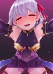  1girl armpits bangs bare_shoulders blush breasts commentary_request detached_sleeves dress earrings eyebrows_visible_through_hair fate/grand_order fate_(series) hair_between_eyes hair_ornament hair_ribbon half-closed_eyes jewelry kama_(fate/grand_order) looking_at_viewer navel panties purple_dress purple_panties red_eyes red_ribbon ribbon satou_kuuki see-through short_hair silver_hair simple_background sleeveless sleeveless_dress small_breasts smile solo standing thigh-highs underwear upper_teeth white_hair 