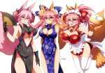  3girls afuro animal_ear_fluff animal_ears bare_shoulders bell bell_collar breasts cat_paws china_dress chinese_clothes cleavage collar dress fan fangs fate/extra fate/grand_order fate_(series) food fox_ears fox_girl fox_tail glasses gloves hair_ornament hair_ribbon jingle_bell koyanskaya large_breasts long_hair looking_at_viewer multiple_girls multiple_persona paw_gloves paw_shoes paws pink_hair ponytail ribbon shoes simple_background smile tail tamamo_(assassin)_(fate) tamamo_(fate)_(all) tamamo_cat_(fate) tamamo_no_mae_(fate) under_boob white_background white_gloves white_legwear yellow_eyes 
