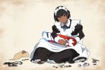  1girl apron black_eyes black_hair commentary_request dark_skin dress frills long_dress long_sleeves looking_at_viewer maid maid_apron maid_headdress original puffy_sleeves repairing shoes short_hair simple_background sitting skateboard sneakers solo suzushiro_(suzushiro333) tools 