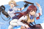  2girls armband bangs black_legwear blonde_girl_(itou) blue_bow blue_eyes blue_skirt blunt_bangs bow breasts brown_eyes brown_hair bullpup catching collared_shirt embers gloves gun hair_bow holding holding_gun holding_weapon itou_(onsoku_tassha) long_hair long_sleeves looking_at_another magazine_(weapon) multiple_girls open_mouth original p90 pleated_skirt ponytail red_armband school_uniform shirt short_sleeves sidelocks skirt smile straight_hair submachine_gun sweater_vest thigh-highs tossing trigger_discipline v-shaped_eyebrows weapon weapon_request white_legwear white_shirt 