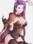  1girl absurdres alternate_costume animal_ears black_gloves black_legwear breasts bunny_tail cape cleavage earrings fake_animal_ears fake_tail fire_emblem fire_emblem_echoes:_mou_hitori_no_eiyuuou fire_emblem_heroes gloves grey_background highres jewelry long_hair medium_breasts nintendo one_eye_closed purple_hair rabbit_ears simple_background solo sonia_(fire_emblem_gaiden) tail the_kingduke twitter_username 