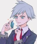  1boy aqua_eyes bangs collared_shirt commentary_request crystal grey_hair hands_up highres holding jacket long_sleeves male_focus necktie omochi_kuenai parted_lips pokemon pokemon_(game) pokemon_oras red_necktie shirt short_hair signature smile solo spiky_hair steven_stone upper_body white_shirt 