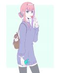  1girl bag bangs black_legwear blue_background blue_scrunchie blue_sweater candy cowboy_shot darling_in_the_franxx dress earrings eyebrows_visible_through_hair food frilled_sleeves frills from_side green_eyes hair_bun hair_ornament hair_over_shoulder hair_scrunchie hairband holding holding_phone horns jewelry lollipop long_sleeves looking_at_viewer mukkun696 phone pink_hair scrunchie short_hair_with_long_locks sidelocks solo standing sweater sweater_dress thigh-highs tongue tongue_out two-tone_background white_background white_hairband zero_two_(darling_in_the_franxx) zettai_ryouiki 