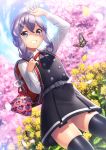  1girl alternate_costume asashio_(kantai_collection) asashio_(kantai_collection)_(cosplay) backpack bag bangs belt black_legwear blue_eyes blue_hair blue_sky blush bug butterfly buttons cherry_blossoms clouds commentary_request cosplay dress enemy_lifebuoy_(kantai_collection) eyebrows_visible_through_hair flower gotland_(kantai_collection) hair_between_eyes hair_bun hand_up insect kantai_collection kyon_(fuuran) long_hair long_sleeves looking_at_viewer mole mole_under_eye neck_ribbon open_mouth outdoors petals pinafore_dress pouch randoseru red_neckwear red_ribbon remodel_(kantai_collection) ribbon school_uniform sheep shirt sky smile standing thigh-highs tree white_shirt yellow_flower younger 