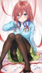  1girl :t absurdres arm_support ass bangs blue_cardigan blue_eyes blush breasts brown_legwear button_gap buttons cable closed_mouth collared_shirt feet fine_fabric_emphasis go-toubun_no_hanayome green_skirt hair_between_eyes hand_up headphones headphones_around_neck highres knees_together_feet_apart knees_up light_particles long_hair looking_at_viewer medium_breasts miniskirt nakano_miku no_shoes pantyhose pleated_skirt pout red_ribbon redhead ribbon school_uniform shirt sidelocks sitting skirt solo thighband_pantyhose tokkyu_(user_mwwe3558) undershirt v-shaped_eyebrows white_shirt 
