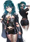 &gt;:( 1girl adjusting_hair anger_vein aqua_hair arm_at_side armor arms_up ass bangs black_shorts blue_eyes blush breasts brown_legwear byleth cape cleavage closed_mouth dagger eyebrows_visible_through_hair fire_emblem fire_emblem:_three_houses from_behind gloves hairdressing hand_on_hip highres holding intelligent_systems looking_at_viewer medium_breasts midriff_peek multiple_views navel nintendo ormille pauldrons pointer ponytail short_sleeves shorts shoulder_armor simple_background sketch tassel tattoo tying_hair vambraces weapon white_background 