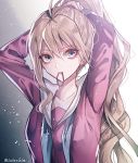  1girl antenna_hair arms_behind_head blonde_hair blue_eyes breasts collarbone commentary_request dangan_ronpa eyebrows_visible_through_hair hair_between_eyes hair_ornament_removed in_mouth iruma_miu long_hair long_sleeves looking_at_viewer medium_breasts new_dangan_ronpa_v3 pink_shirt ponytail shirt solo twitter_username z-epto_(chat-noir86) 