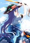  1girl arms_up blue_bow blue_hair blue_skirt blue_sky bow clouds day food from_behind fruit hat highres hinanawi_tenshi large_bow leaf light_rays long_hair looking_back outdoors peach puffy_short_sleeves puffy_sleeves red_eyes ruu_(tksymkw) shirt short_sleeves skirt sky smile solo sunbeam sunlight sword_of_hisou touhou very_long_hair white_shirt 
