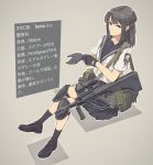  1girl absurdres assault_rifle bangs black_eyes black_hair bullpup gloves gun hair_bun highres holding holding_weapon looking_at_viewer original parted_bangs patch rifle school_uniform shindan_maker shoes simple_background sitting socks steyr_aug tantu_(tc1995) translated watch weapon 