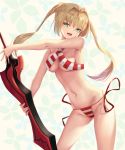  1girl :d absurdres bangs bikini blonde_hair breasts cleavage eyebrows_visible_through_hair fate/grand_order fate_(series) floating_hair gluteal_fold green_eyes hair_intakes highres holding holding_sword holding_weapon long_hair looking_at_viewer navel nekobell nero_claudius_(fate)_(all) nero_claudius_(swimsuit_caster)_(fate) open_mouth side-tie_bikini sideboob smile solo standing striped striped_bikini swimsuit sword twintails under_boob very_long_hair weapon 