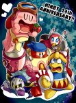  bandana_waddle_dee bandanna blue_eyes cape closed_eyes covering_mouth eating goggles hand_over_own_mouth heart jizo_yukari king_dedede kirby kirby:_planet_robobot kirby_(series) maxim_tomato meta_knight nintendo open_mouth reading robe robobot_armor star susie_(kirby) sweatdrop wide-eyed wrench 
