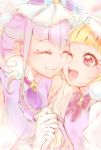  2girls ;d aisaki_emiru bangs blonde_hair blunt_bangs bow bowtie closed_eyes cure_amour cure_macherie eyebrows_visible_through_hair gloves hair_ornament hand_holding highres hugtto!_precure interlocked_fingers long_hair makeup mascara multiple_girls one_eye_closed open_mouth precure purple_hair purple_neckwear red_bow red_eyes red_neckwear ruru_amour shipu_(gassyumaron) smile upper_body white_gloves 