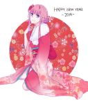  1girl bangs between_legs blunt_bangs darling_in_the_franxx eyebrows_visible_through_hair floral_print flower full_body green_eyes hair_bun hair_flower hair_ornament hand_between_legs horns japanese_clothes kimono kneeling mukkun696 obi pink_hair pink_kimono print_kimono red_flower sash short_hair_with_long_locks sidelocks smile solo white_background yukata zero_two_(darling_in_the_franxx) 