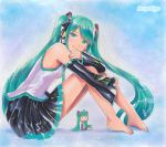  1girl bangs barefoot black_skirt black_sleeves blue_hair breasts detached_sleeves floating_hair frilled_shirt frills from_side full_body green_eyes green_nails green_neckwear hatsune_miku headphones headset leg_hug long_hair long_sleeves looking_at_viewer marker_(medium) mayo_riyo microphone miniskirt nail_polish necktie pleated_skirt shiny shiny_hair shirt sideboob sitting skirt sleeveless sleeveless_shirt small_breasts solo swept_bangs toenail_polish traditional_media twintails very_long_hair vocaloid white_shirt 