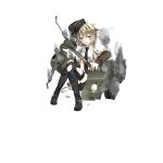  bike_shorts boots candy cannon clark_(milihime_taisen) cross_hair_ornament food full_body grey_eyes hair_between_eyes hair_ornament hair_ribbon hat lamp long_hair looking_at_viewer milihime_taisen military military_hat necktie official_art open_mouth ribbon sitting smoke torn_clothes torn_legwear 