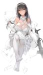  1girl absurdres assault_rifle bangs between_breasts black_hair blunt_bangs breasts bridal_veil bullpup cleavage dress elbow_gloves fingerless_gloves flower full_body girls_frontline gloves gun hair_flower hair_ornament hairband highres holding holding_hair jewelry large_breasts long_hair looking_at_viewer no_shoes pantyhose qbz-95 qbz-95_(girls_frontline) rifle ring simple_background sitting solo veil weapon wedding_band wedding_dress white_background white_dress white_gloves white_hairband white_legwear xie_yizhen yellow_eyes 